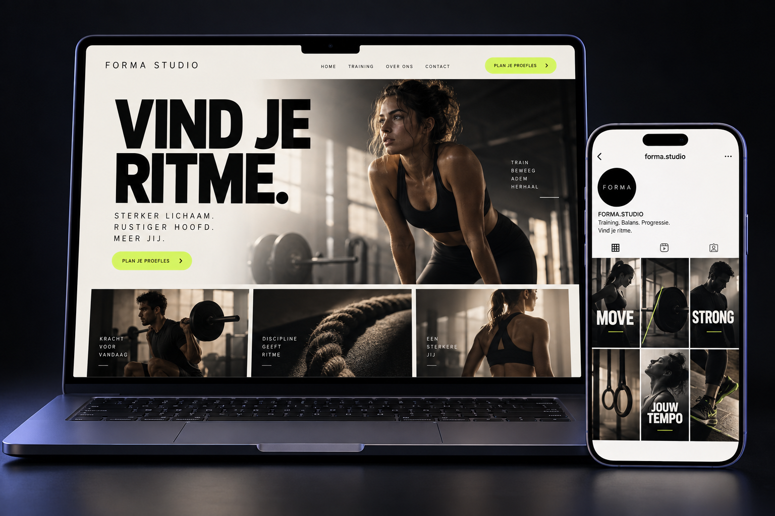 iPhone 18 Pro met een professioneel Forma Studio socialmediaprofiel naast een MacBook met een bijpassende fitnesswebsite